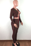 Burgundy Fashion Sexy Solid Bandage Hollowed Out O Neck Long Sleeve Two Pieces