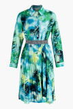 Grönt mode Casual Print Basic turndown-krage långärmade klänningar