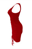 Red Sexy Casual Solid Draw String Frenulum O Neck Vest Dress