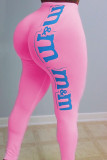 Pantalones lápiz de cintura alta flacos básicos con estampado de letras informales de moda rosa
