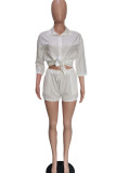White Casual Solid Patchwork Buckle Turndown Collar Three Quarter Two Pieces