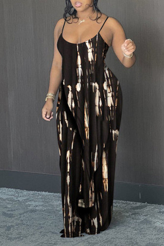 Black Brown Sexy Print Patchwork Asymmetrical Spaghetti Strap Two Pieces