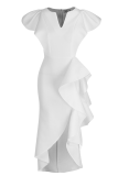 Vestidos de falda de pastel con cuello en V de volante sólido de fiesta blanco
