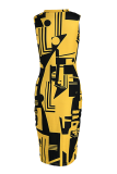 Gelbe, lässig bedruckte Patchwork-Bleistiftrockkleider mit halbem Rollkragen