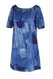 Синее модное повседневное платье с открытой спиной и открытыми плечами с принтом