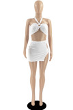 White Fashion Sexy Solid Hollowed Out Patchwork Backless Strapless Sleeveless Two Pieces