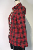 Red Sexy Plaid Print Bandage Hollowed Out Patchwork Turndown Collar Tops