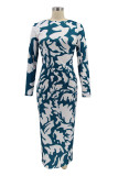 Blå Mode Casual Print Backless O-hals långärmade klänningar