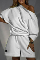 White Casual Solid Patchwork Asymmetrical Oblique Collar Long Sleeve Two Pieces