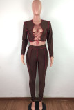 Burgundy Fashion Sexy Solid Bandage Hollowed Out O Neck Long Sleeve Two Pieces