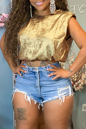 Gold Casual Solid Patchwork O Neck T-Shirts