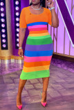 Robes jupe crayon à col rond et imprimé rayé décontracté violet clair