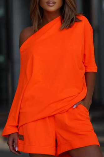 Tangerine Red Casual Solid Split Joint Asymmetrical Oblique Collar Long Sleeve Two Pieces