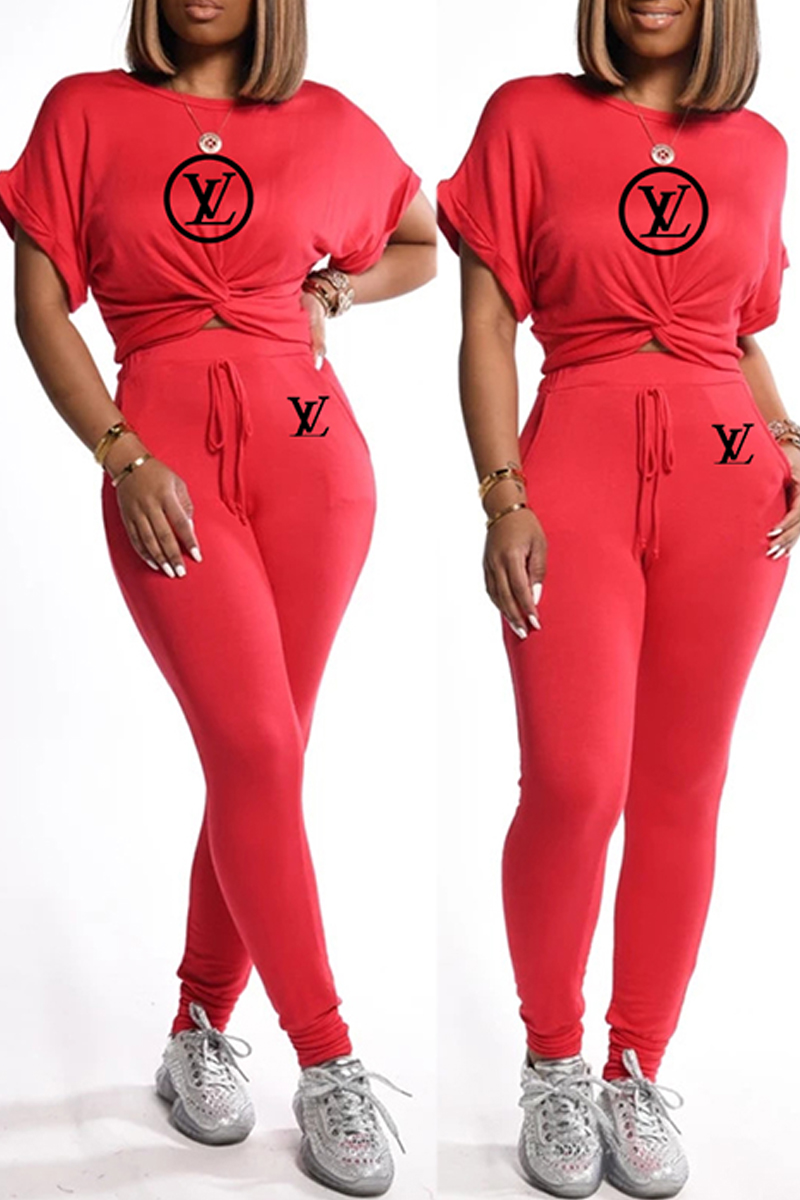 

Red Fashion Casual Print Letter O Neck Short Sleeve Two Pieces