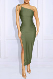 Green Fashion Sexy Solid Backless Slit Spaghetti Strap Long Dress