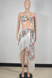 Olive Green Sexy Print Tassel Patchwork Asymmetrical Strapless Sleeveless Two Pieces