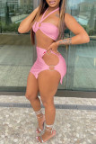 Розовый модный сексуальный однотонный выдолбленный пэчворк с открытой спиной без бретелек без рукавов из двух предметов