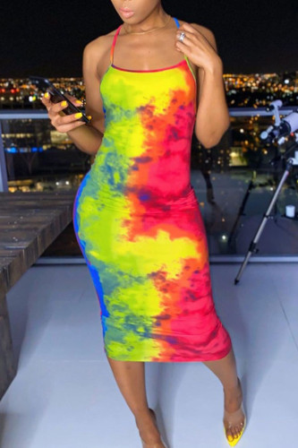 Multicolor Sexy Rainbow Print Tie Dye Patchwork Spaghetti Strap Sling Cami Bodycon Maxi Dress