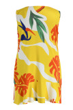 Gelb Sexy Casual Plus Size Print Basic U-Ausschnitt Weste Kleid