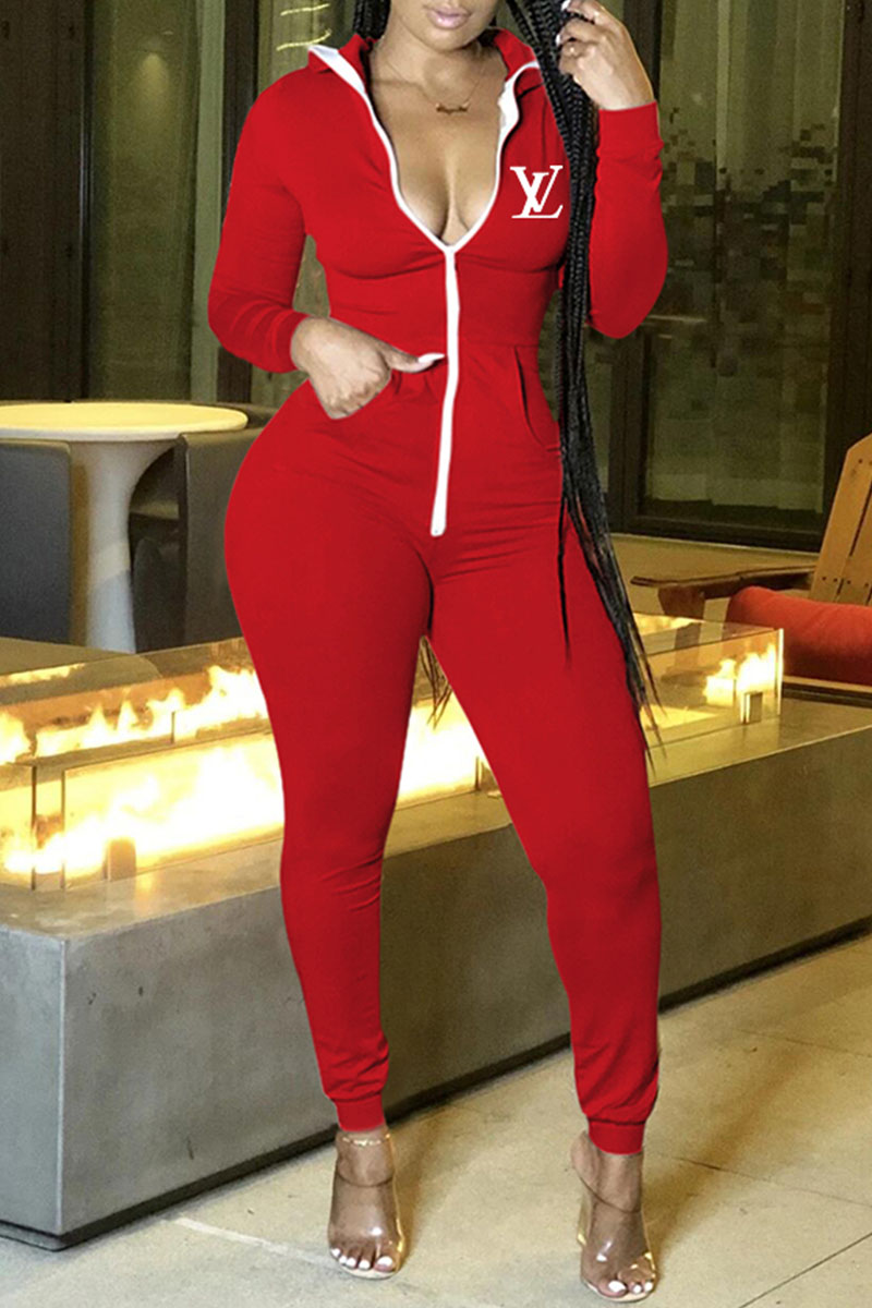 

Red Fashion Casual Print Letter O Neck Jumpsuits