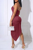Burgundy Fashion Sexy Solid Backless Asymmetrical V Neck Sling Dress