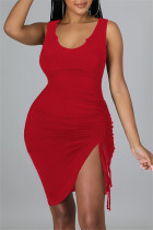Красное сексуальное повседневное однотонное платье-жилет с уздечками и круглым вырезом