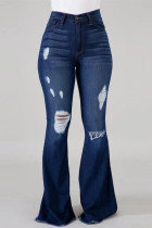 Dark Blue Fashion Casual Solid High Waist Regular Flare Leg Ripped Denim Jeans