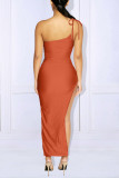 オレンジ色のファッションセクシーなソリッドバックレススリットスパゲッティストラップロングドレス