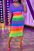 Светло-фиолетовые повседневные платья-юбка-карандаш с круглым вырезом и полосатым принтом в стиле пэчворк