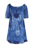 Blauwe mode casual print backless off-shoulder bedrukte jurk