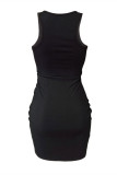 Black Sexy Casual Solid Draw String Frenulum O Neck Vest Dress
