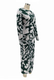 Vestidos de manga larga con cuello en O sin espalda con estampado informal de moda verde tinta