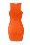 Orangefarbenes, sexy, lässiges, solides Frenulum-O-Ausschnitt-Westenkleid mit Kordelzug