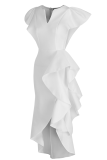 White Party Solid Flounce V Neck Cake Skirt Dresses