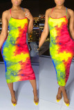 Veelkleurige sexy print tie-dye patchwork spaghettibandjes sling-jurkjurken