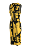 Желтые повседневные пэчворк с принтом Половина водолазки-юбка-карандаш Платья