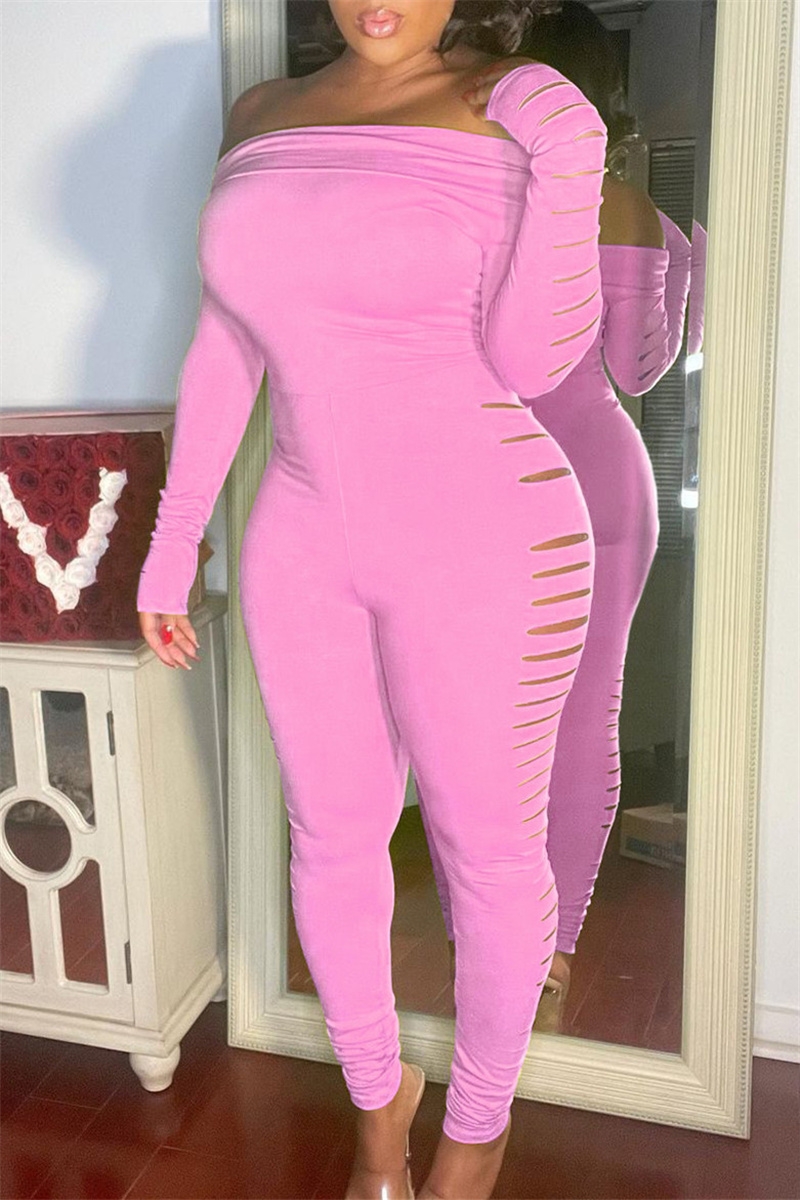 

Pink Fashion Casual Solid Ripped Off the Shoulder Skinny Jumpsuits