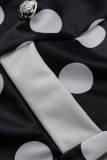 Macacão regular preto fashion sexy com estampa de bolinhas patchwork com decote em V