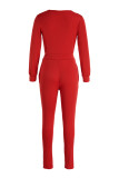 Macacão vermelho fashion casual básico sólido com decote em V