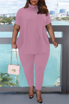 Pink Fashion Casual Solid Basic Turtleneck Short Sleeve Two Pieces