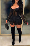 Black Sexy Solid Patchwork See-through Long Sleeve Two Pieces