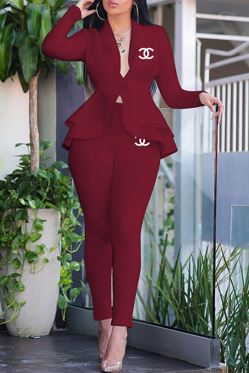 

Burgundy Fashion Work Solid Letter Turndown Collar Long Sleeve Two Pieces