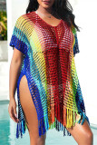 Camicetta di protezione solare per costumi da bagno bikini trasparente con nappa traforata alla moda color arcobaleno