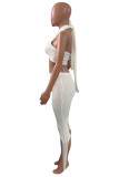ホワイト ファッション セクシー ソリッド バンデージ バックレス 非対称 ホルター ノースリーブ ツーピース