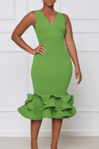 Зеленое модное сексуальное твердое лоскутное вечернее платье с V-образным вырезом