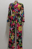 Multicolor Casual Print Patchwork V Neck Straight Jumpsuits