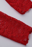 Rotes, sexy, solides, ausgehöhltes, durchsichtiges Patchwork-Zweiteiler mit V-Ausschnitt und langen Ärmeln