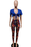 Royal Blue Sexy Print Patchwork V Neck Short Sleeve Two Pieces