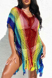 Rainbow Color Fashion Sexy Perforado Tassel See-through Bikini Traje de baño Protección solar Blusa