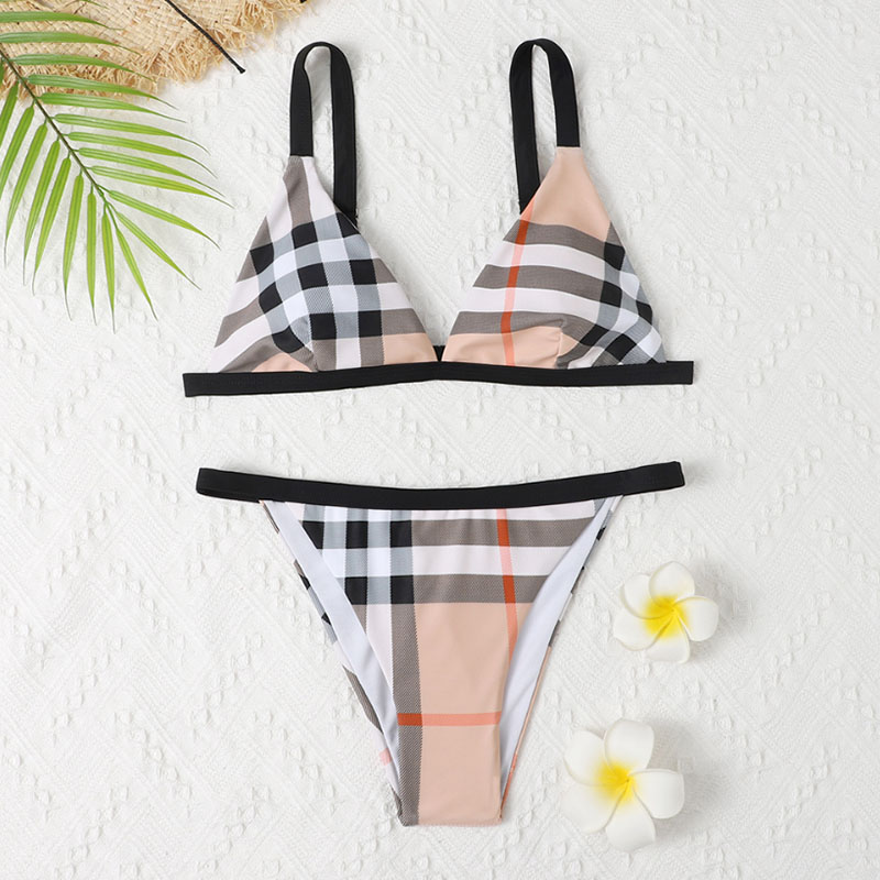 

Khaki Fashion Sexy Plaid Split Joint Swimwears